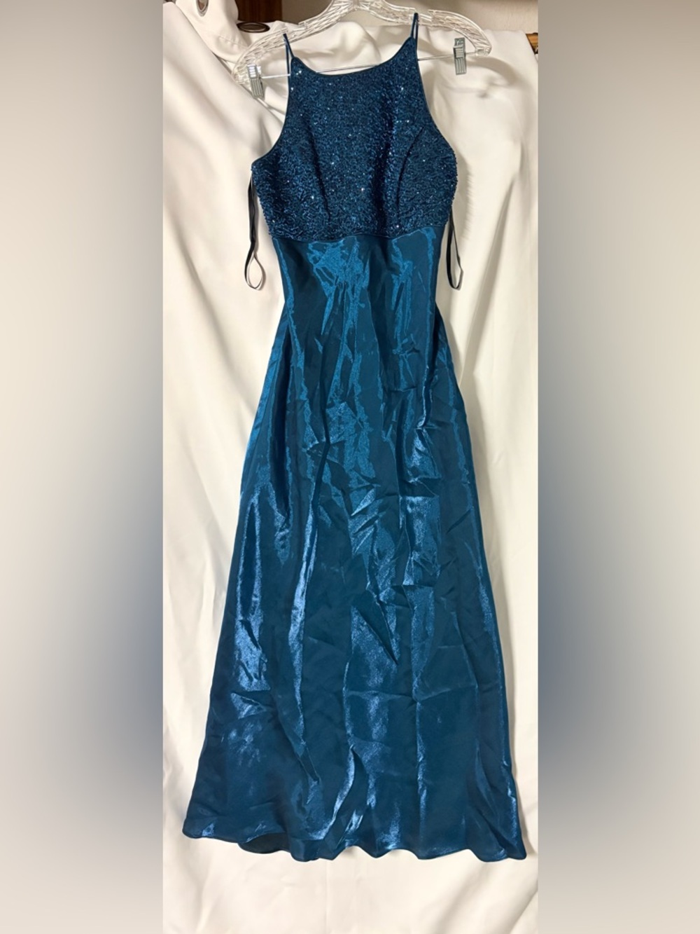 Betsy & Adam Teal Blue Sequin Halter Evening Gown - Picture 2 of 7